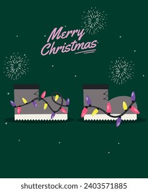 Flat Design Merry Christmas Illustration with Hiking Boots and Lights