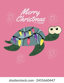  Flat Design Merry Christmas Illustration with Turtle Wearing Tree Lights