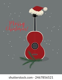 Flat Design Merry Christmas Illustration with Guitar and Santa Hat