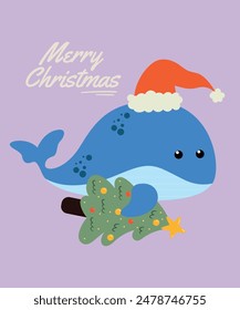  Flat Design Merry Christmas Illustration with Cute Whale and Santa Hat,Christmas Tree