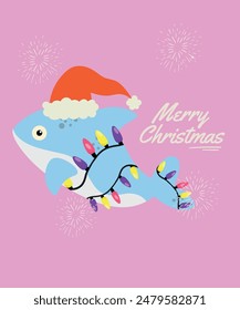 Flat Design Merry Christmas Illustration With Dolphin Wear Lights,Santa Hat