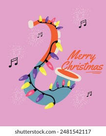  Ilustración de Navidades de Feliz Diseño Plano con Instrumento Musical y Luces, Copos de Nieve