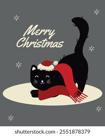 Flat Design Merry Christmas Illustration with Cute Character Black Cat and Wear Santa Hat,Scarf