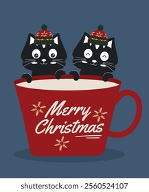 Flat Design Merry Christmas Illustration with Two Black Cats and a Cup of Drink