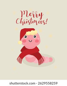  Design Plano Feliz Natal Ilustração com Verme Rosa e Vestindo Chapéu Santa, Cachecol