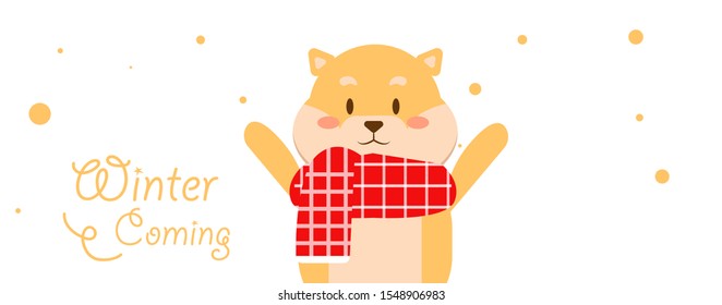 flat design merry christmas orange shiba inu puppy special winter coming banner - Vector