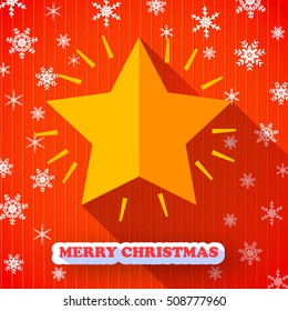 Flat design merry christmas postcard with bright decoration star and snowflakes on red background vector illustration