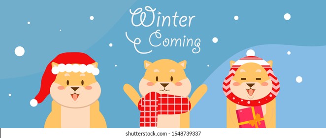 flaches Design frohe Weihnachten shiba inu Welpe Special Winter Kommening Banner - Vektorgrafik