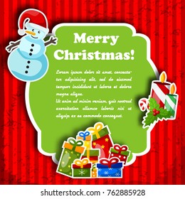 Flat design merry holiday postcard with christmas symbols and green text field vector illustration