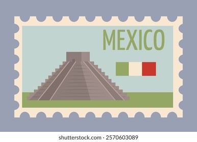 Flat design Mexican stamp featuring a pyramid and flag on a light green background. Represents Mexican culture, travel, and history. Vector illustration