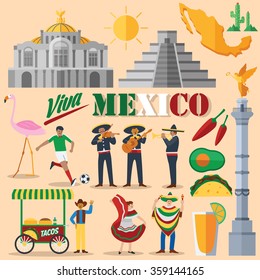 Flat Design, Mexico Icons And Landmarks