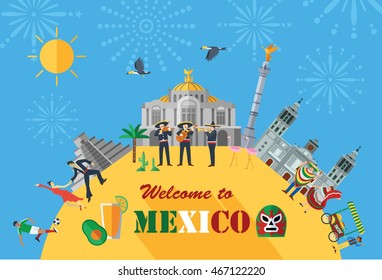 Flat design, Mexico landmarks and icons