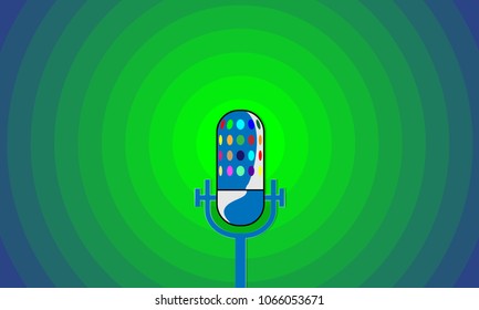 Flat Design With Microphone Icon Background. Realistic Colorful Microphone On Retro Sound Dynamic Background.Design Concept For Graphic, Banners, Presentations, Wallpaper. Vector Illustration. Eps10