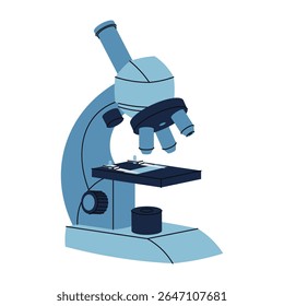 Microscópio de design plano em fundo branco. Instrumento Científico para Laboratório, Educação Escolar e Pesquisa. Perfeito para projetos de ciência, materiais educacionais e ilustrações médicas