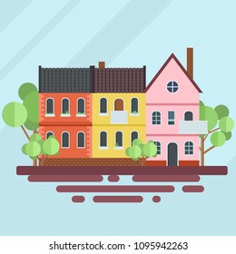 Flat design minimal landscape. Town street view scene with tiny colorful townhouses and green trees. Real estate agency logo