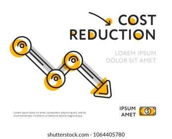 Flat design of minimalist graph showing cost reduction isolated on white. 