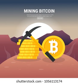 Flat design, Mining bitcoin concept. Pickaxe, coins and mountains. Earning cryptocurrency.