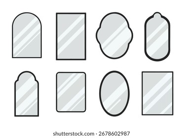 Flache Design-Spiegel-Symbole in verschiedenen Formen, einschließlich gewölbt, rechteckig, oval und dekorativ, mit schwarzen Rahmen und reflektierenden Oberflächen auf weiß.