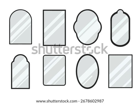 Flat design mirror icons set in various shapes including arched, rectangular, oval, and decorative, with black frames and reflective surfaces on white.