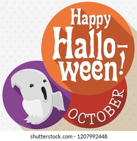 Flat design with mischievous ghost and howling expression and greetings for you during Halloween celebration in round labels, wishing at you a happy holiday.