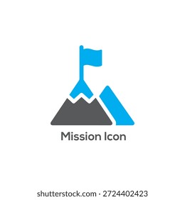 Icono de misión de diseño plano con acentos de montaña, bandera y azul que representan el logro, el éxito, el establecimiento de metas y el concepto de visión empresarial

