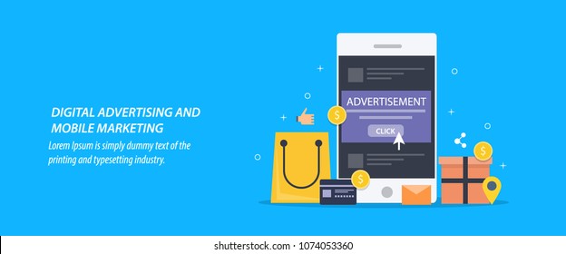 Flat design for Mobile ads, marketing, promotion, digital media marketing on mobile vector banner