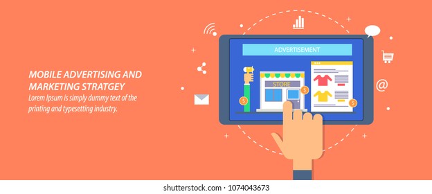 Flat design mobile advertising, mobile marketing, click on tablet screen vector banner