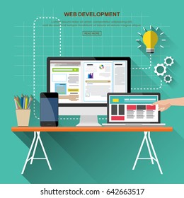 Flat design  of mobile and desktop website design development process with  modern digital tablet, desktop computer and smartphone on designer workplace in trendy color.vector illustration.