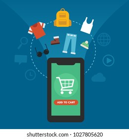 Flat design mobile online shopping with shirt, plans, shoe, glasses, hat, bag on digital technology icon  background. Vector illustration