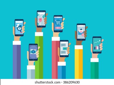 Flat Design Mobile Phone Apps. Hands Holding Smart Phones. Browser, Camera, Map, Shop, Messaging, Email.