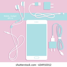 Flat design of mobile phone and gadgets with pastel pink background top view.