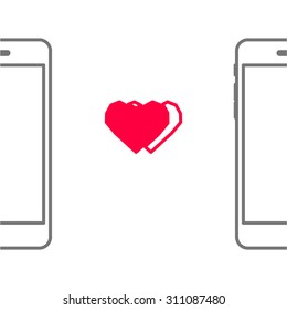 Flat design - Mobile phone with red two heart sign icon, vector illustration. 