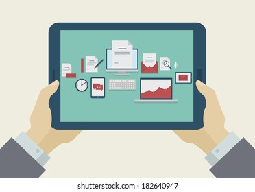 Flat Design Mobile, tablet, icons on display. Vector illustration.