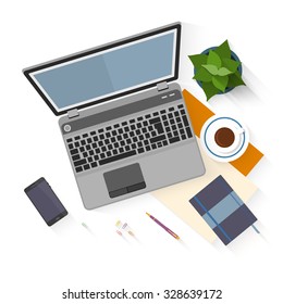Flat design mock up per office work space with objects for creative workplace design isolated on white background with long shadow. Vector Illustration