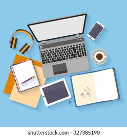 Flat design mockup per office workspace with objects for creative workplace design. Vector Illustration