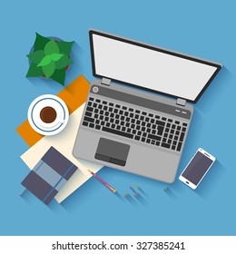 Flat design mockup per office workspace with objects for creative workplace design. Vector Illustration