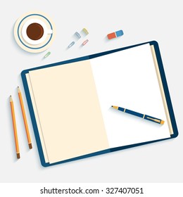 Flat design mockup per office workspace with open book and objects for creative workplace isolated on white background with long shadow. Vector Illustration