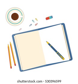 Flat design mockup per office workspace with open book and objects for creative workplace isolated on white background. Vector Illustration