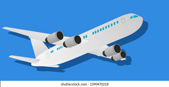 Flat Design Modern Airplane Side View with Shadow on Blue Background for Banner, Poster, Promotion, and Advertisement for Aircraft Company