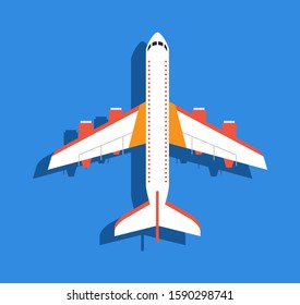 Flat Design Modern Airplane Top View with Shadow on Blue Background for Banner, Poster, Promotion, and Advertisement for Aircraft Company