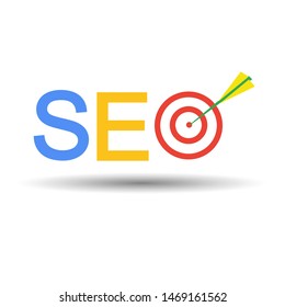 Flat design modern banner vector illustration SEO, Search Engine Optimization ranking concept, 
the multicolour logo with target and arrow on white background.