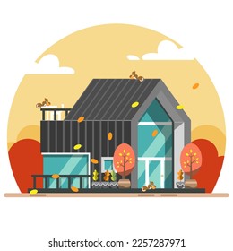 Flat design of modern black house in autumn with squirrels holding nuts, leaves blown by wind