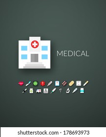 Flat design modern of brand identity style, web and mobile design, design element objects and collection vector illustration icons set 18 - medical collection