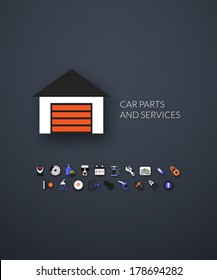 Flat design modern of brand identity style, web and mobile design, design element objects and collection vector illustration icons set 24 - car parts and services