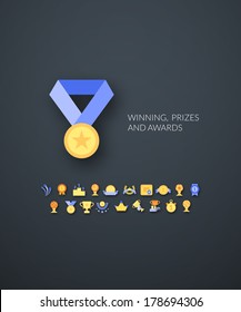 Flat design modern of brand identity style, web and mobile design, design element objects and collection vector illustration icons set 28 - winning, prizes and awards