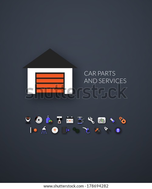Flat design modern of brand\
identity style, web and mobile design, design element objects and\
collection vector illustration icons set 24 - car parts and\
services