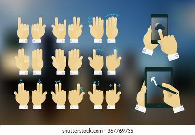 Flat design modern cartoon style multitouch gestures hands with tablets mockup, on trendy blurred background