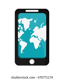 flat design modern cellphone with world map on screen icon vector illustration