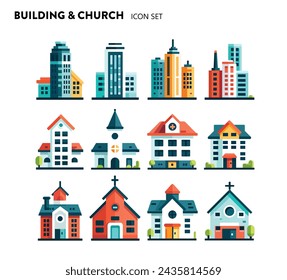 Flat design of modern city houses and buildings. Real estate buildings, skyscrapers. colorful cottage buildings, curches