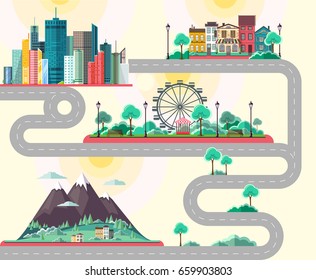 Flat design of modern city, mountains landscape, city park and province